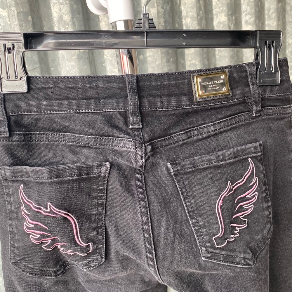 Philipp Plein Black Angel Wing Embroidered Jeggings Size 26